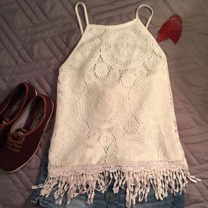 White crochet tank with fringe